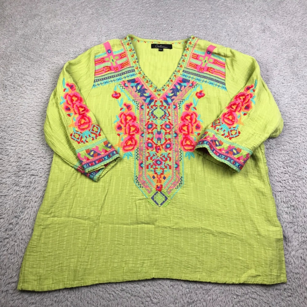 Calessa Shirt Womens PXL Petite XL Green Embroidered‎ Floral Boho V Neck Tunic
